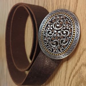 Fossil Brown Leather Belt with Intricate Silver and Gold Buckle